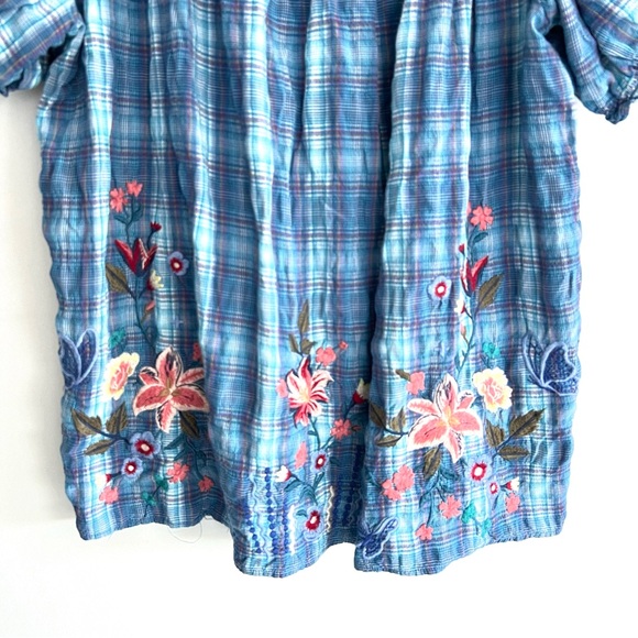 JOHNNY WAS Aimee Peasant Blue Multicolor Embroidery Puff Sleeves Top Shirt Sz M - Picture 6 of 16